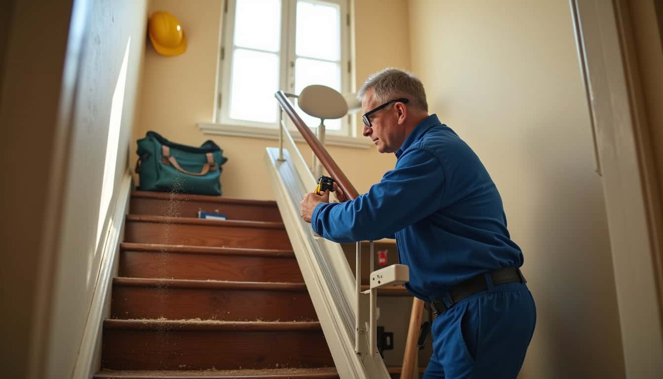 Technicien en train d’installer un monte-escalier à Doyet