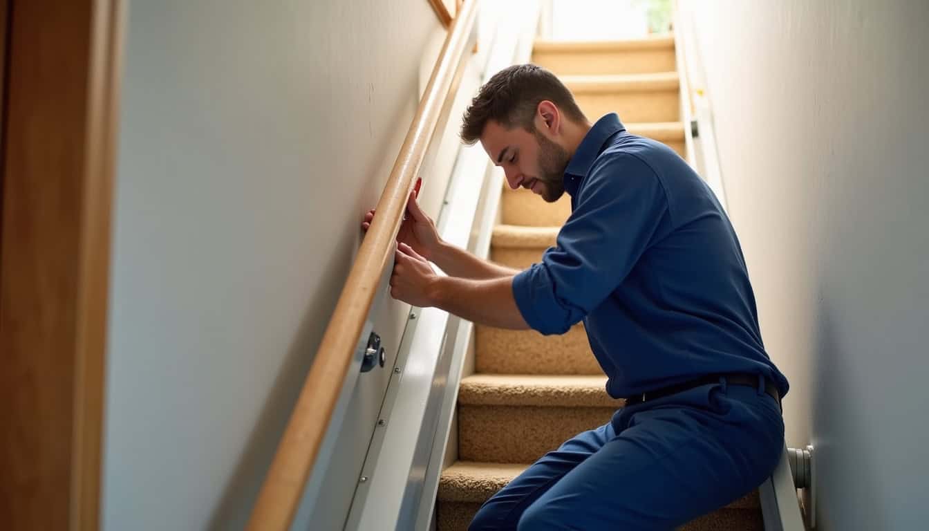 Technicien en train d’installer un monte-escalier à Famars