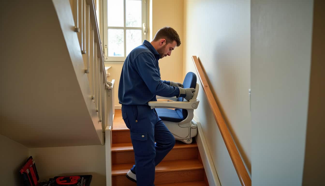 Technicien en train d’installer un monte-escalier à Fécamp