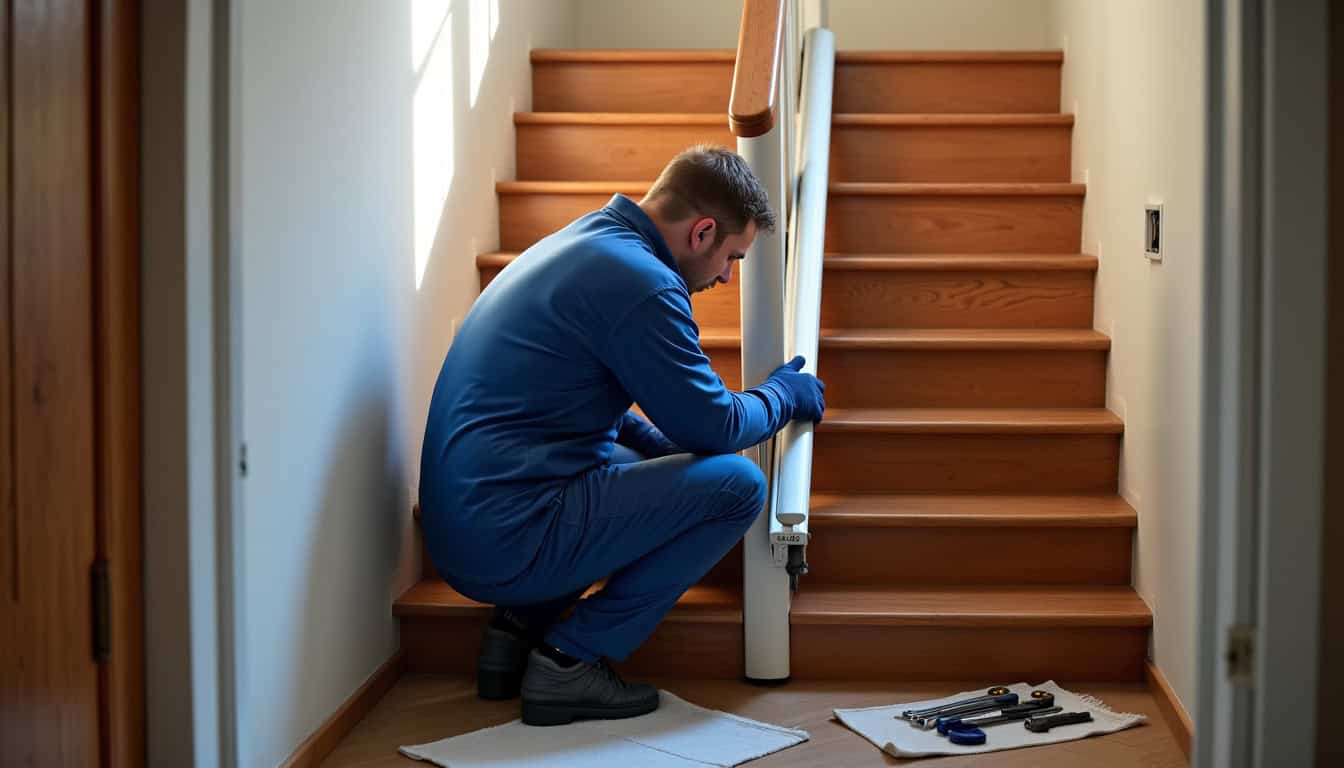 Technicien en train d’installer un monte-escalier à Gros-Réderching