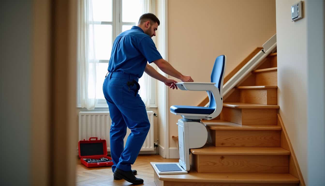 Technicien en train d’installer un monte-escalier à La Remaudière
