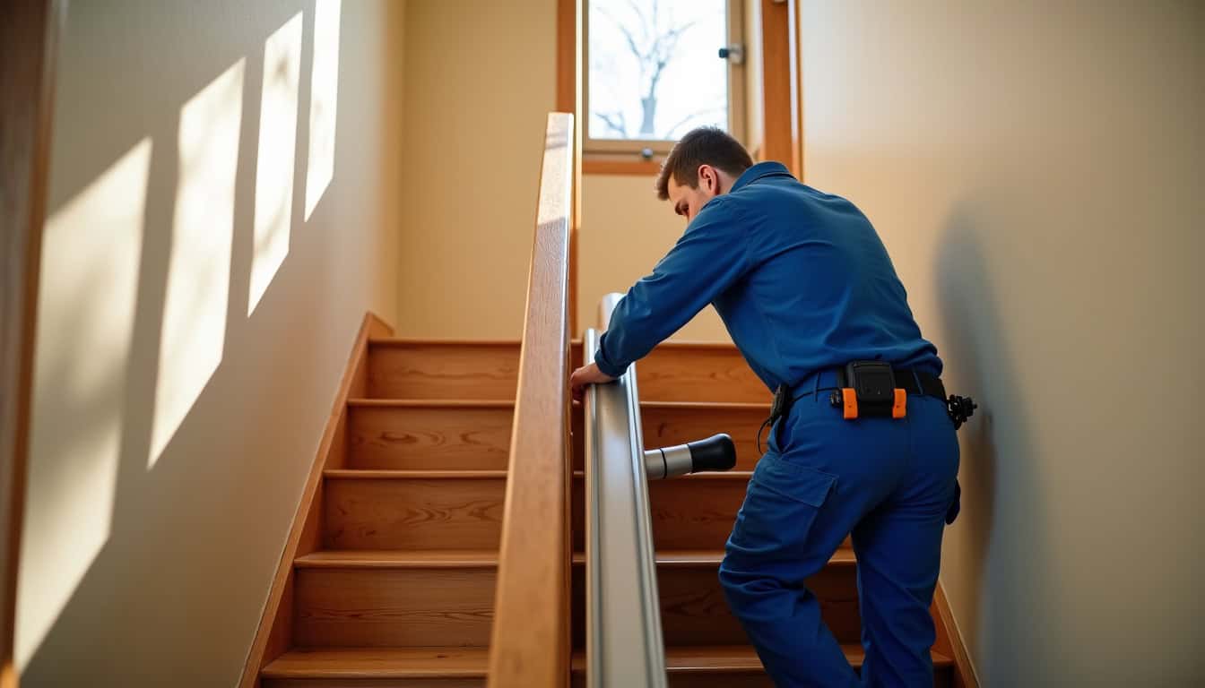 Technicien en train d’installer un monte-escalier à Landser