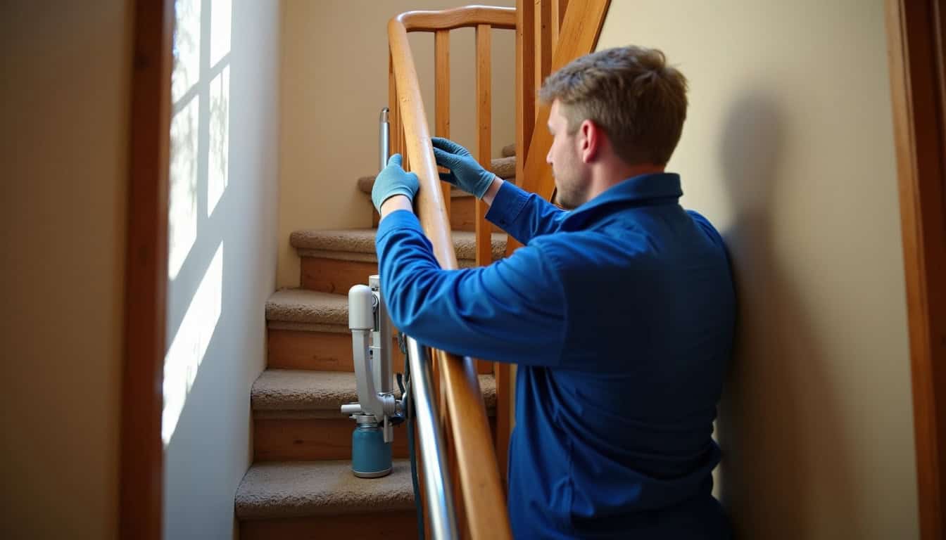 Technicien en train d’installer un monte-escalier à Le Mans
