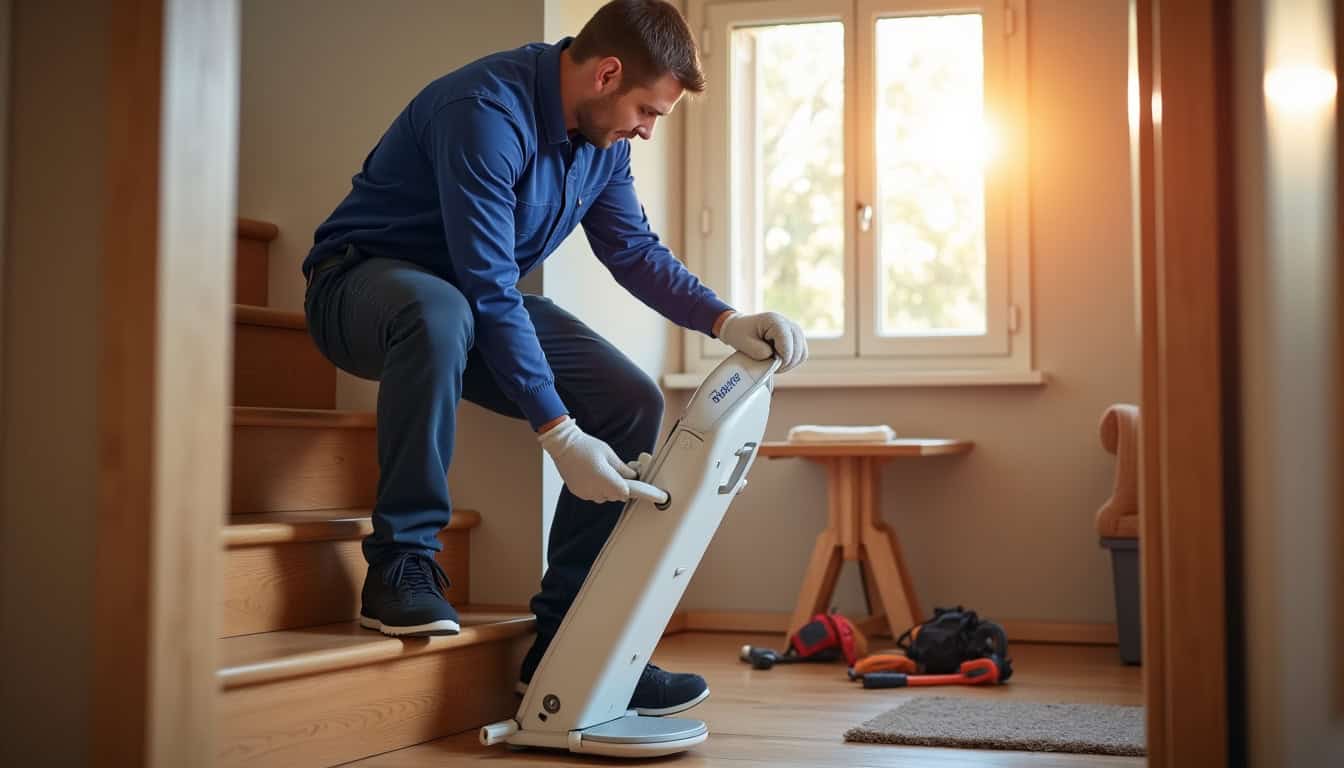 Technicien en train d’installer un monte-escalier à Le Sel-de-Bretagne