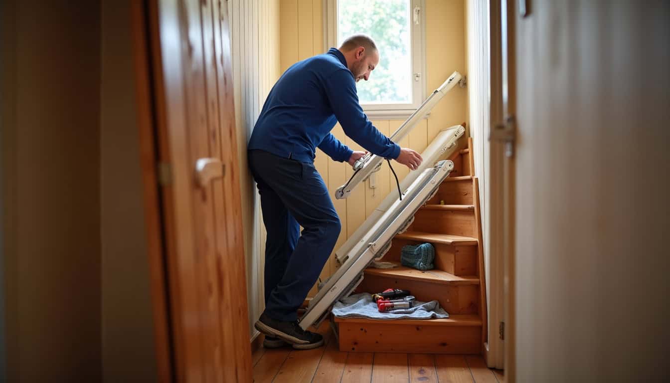 Technicien en train d’installer un monte-escalier à l’intérieur d’une maison à Argentré-du-Plessis