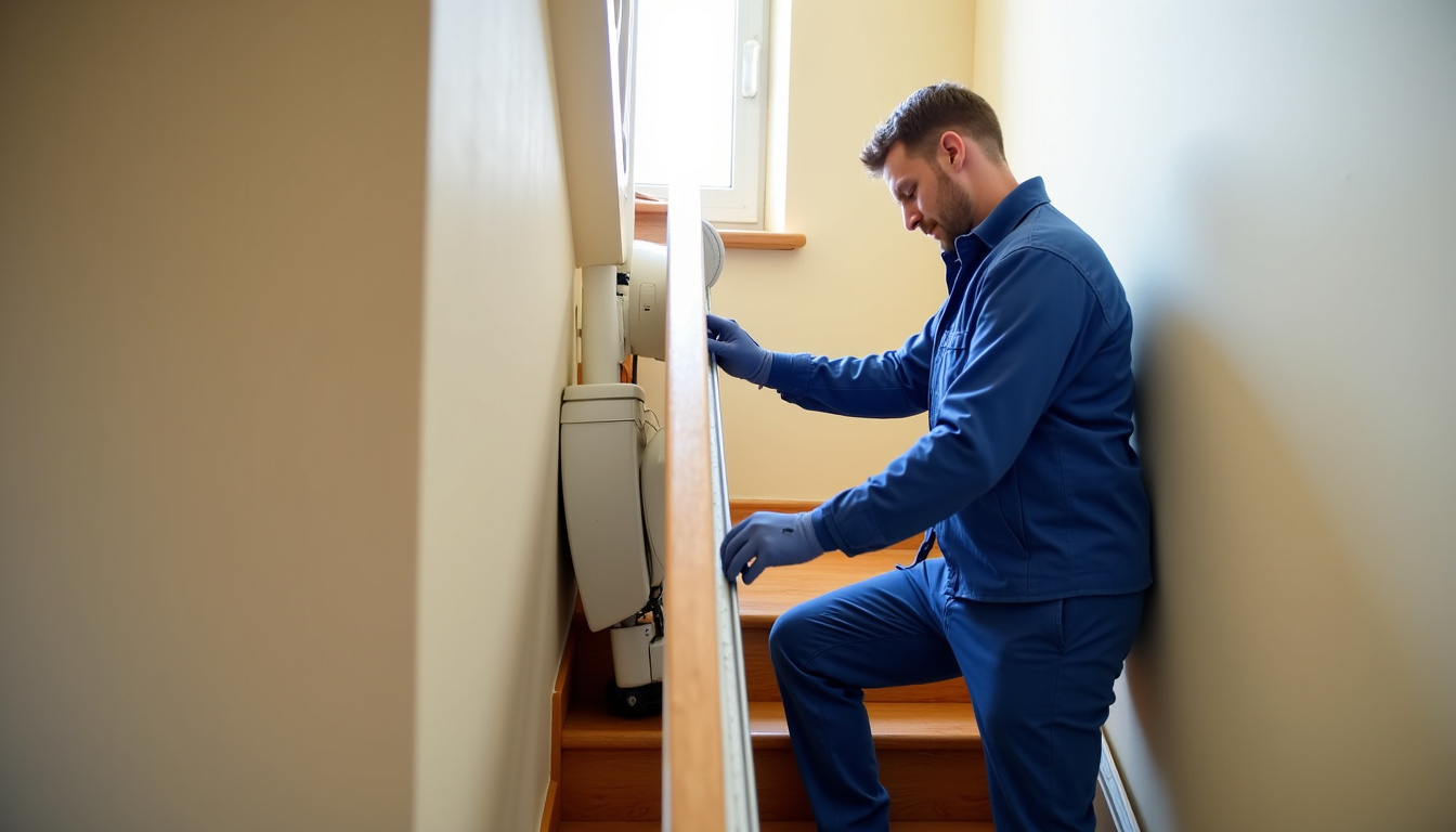 Technicien en train d’installer un monte-escalier à Marigné-Laillé
