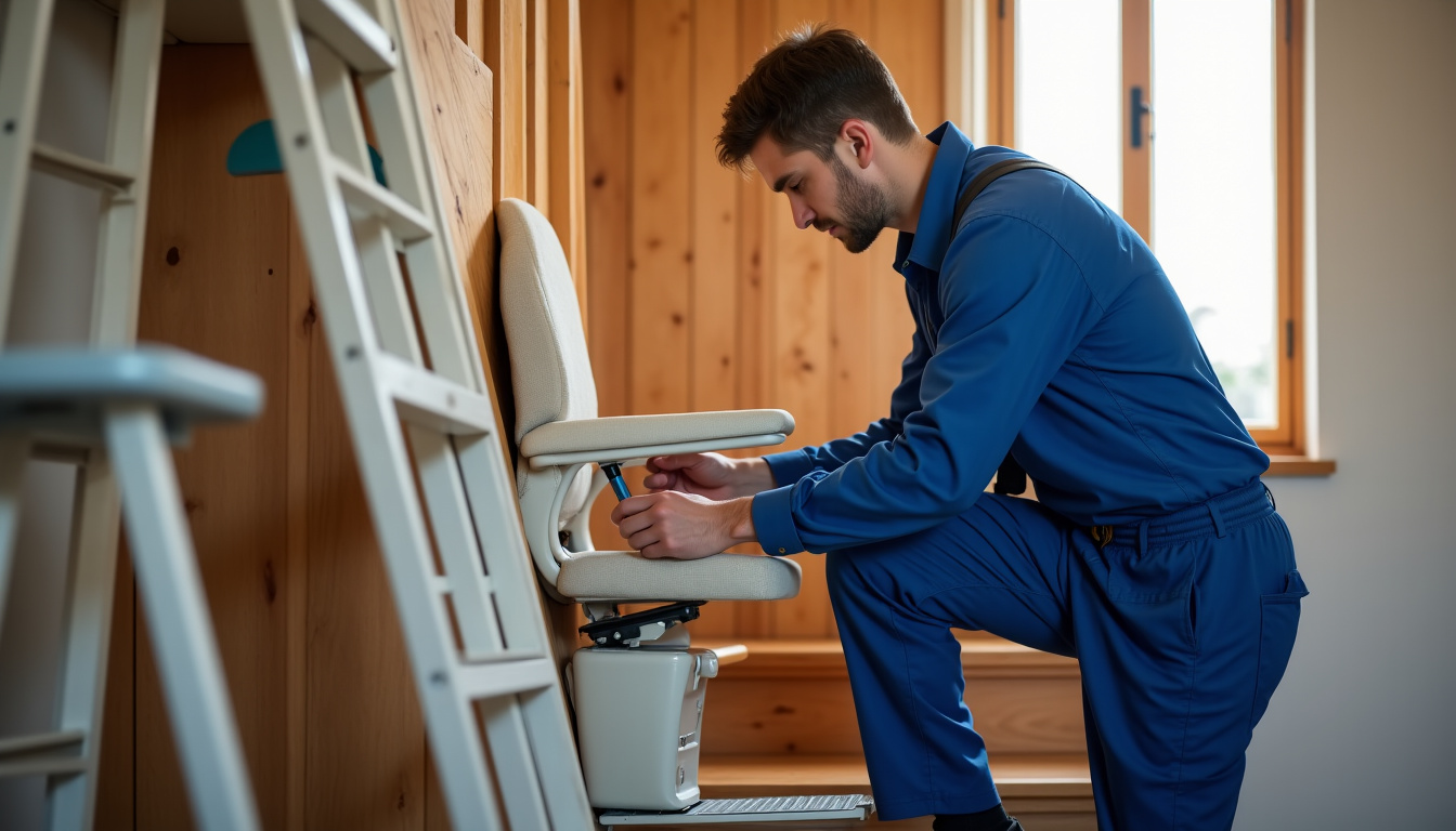 Technicien en train d’installer un monte-escalier à Meung-sur-Loire
