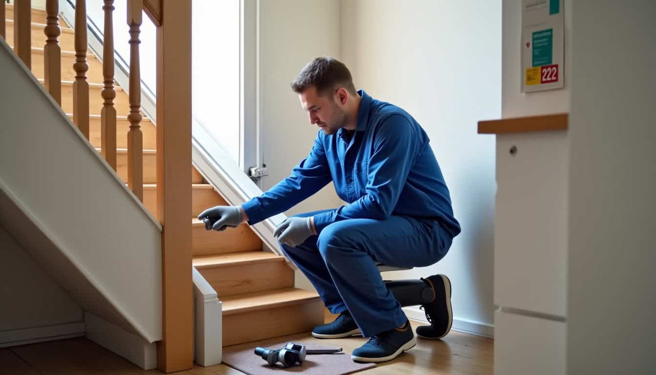 Technicien en train d’installer un monte-escalier à Paray-Vieille-Poste