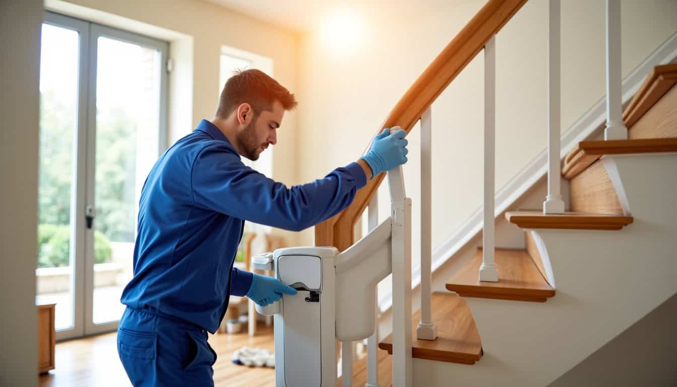 Technicien en train d’installer un monte-escalier à Plaisance-du-Touch