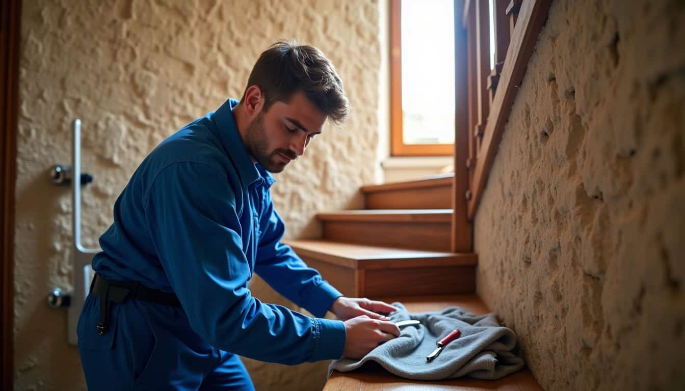 Technicien en train d’installer un monte-escalier à Ploëzal