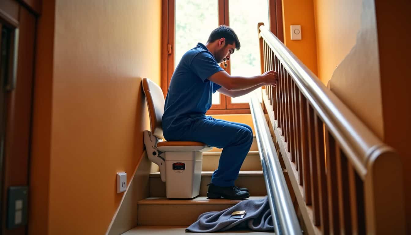 Technicien en train d’installer un monte escalier à Pointe-Noire