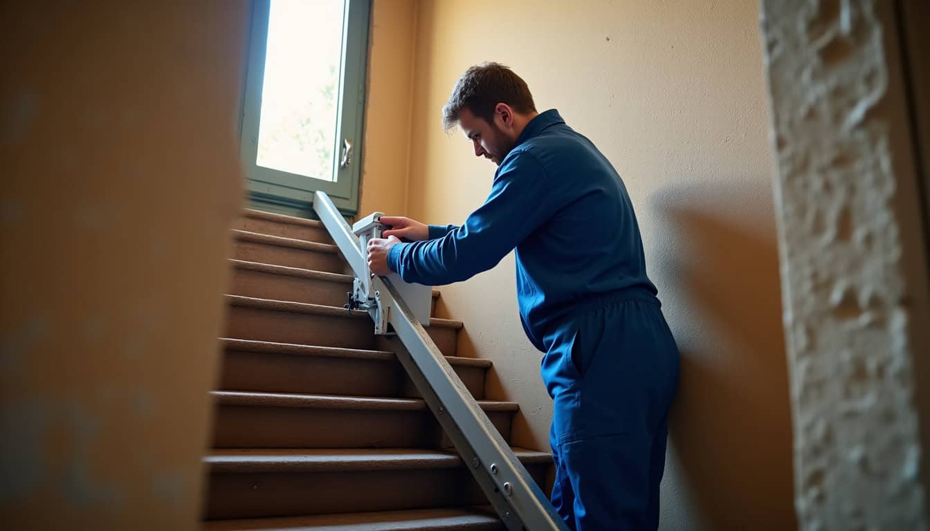Technicien en train d’installer un monte-escalier à Prades-le-Lez