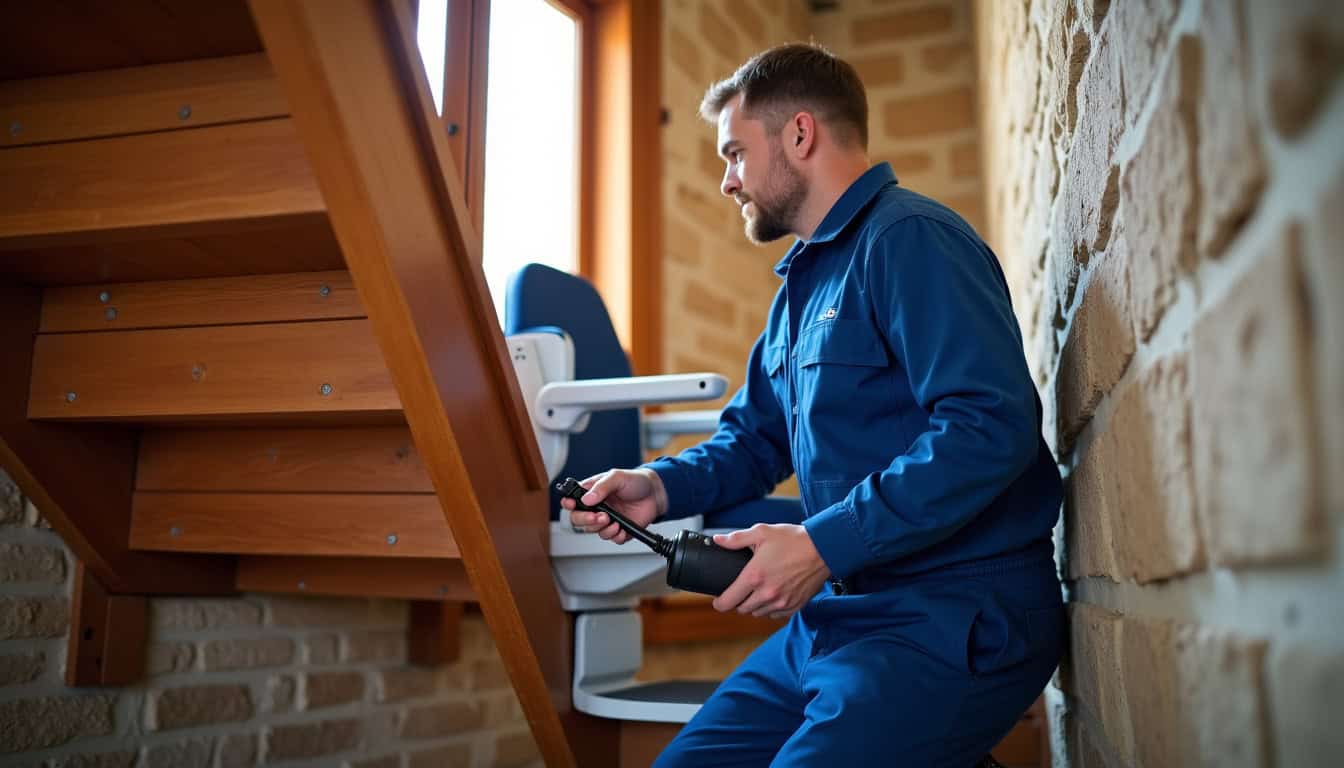 Technicien en train d’installer un monte-escalier à Privas
