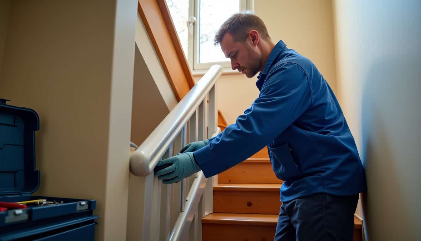 Technicien en train d’installer un monte-escalier à Rumegies