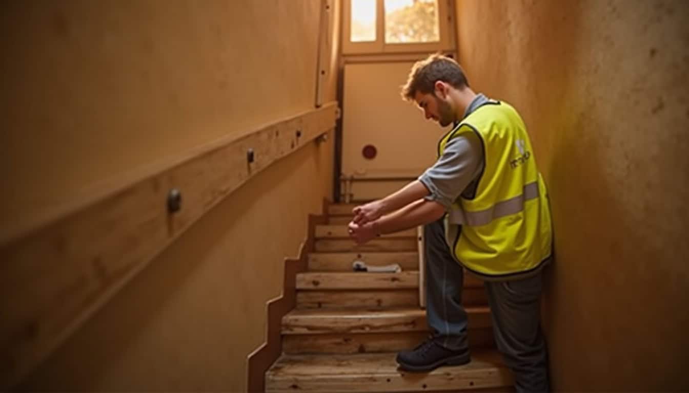 Technicien en train d’installer un monte-escalier à Saint-Amand-Montrond