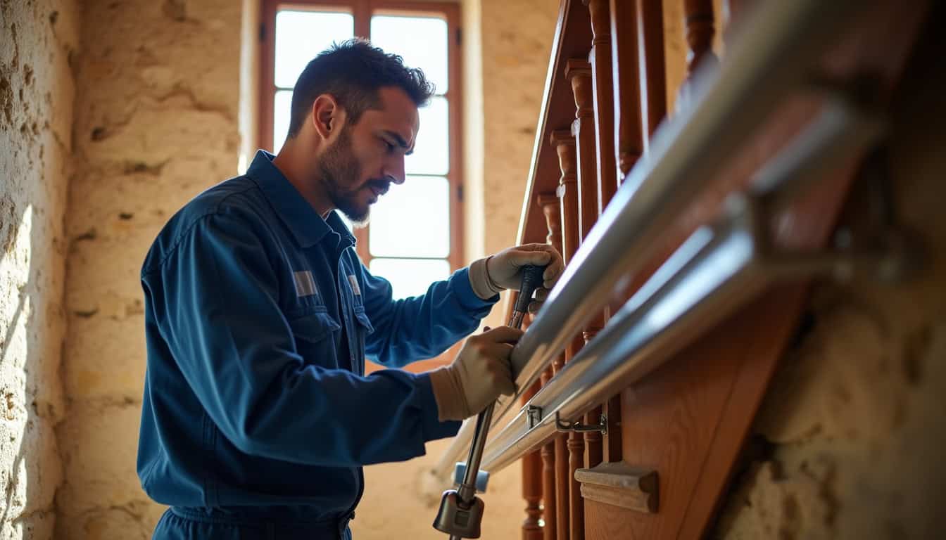 Technicien en train d’installer un monte-escalier à Saint-Mamet-la-Salvetat
