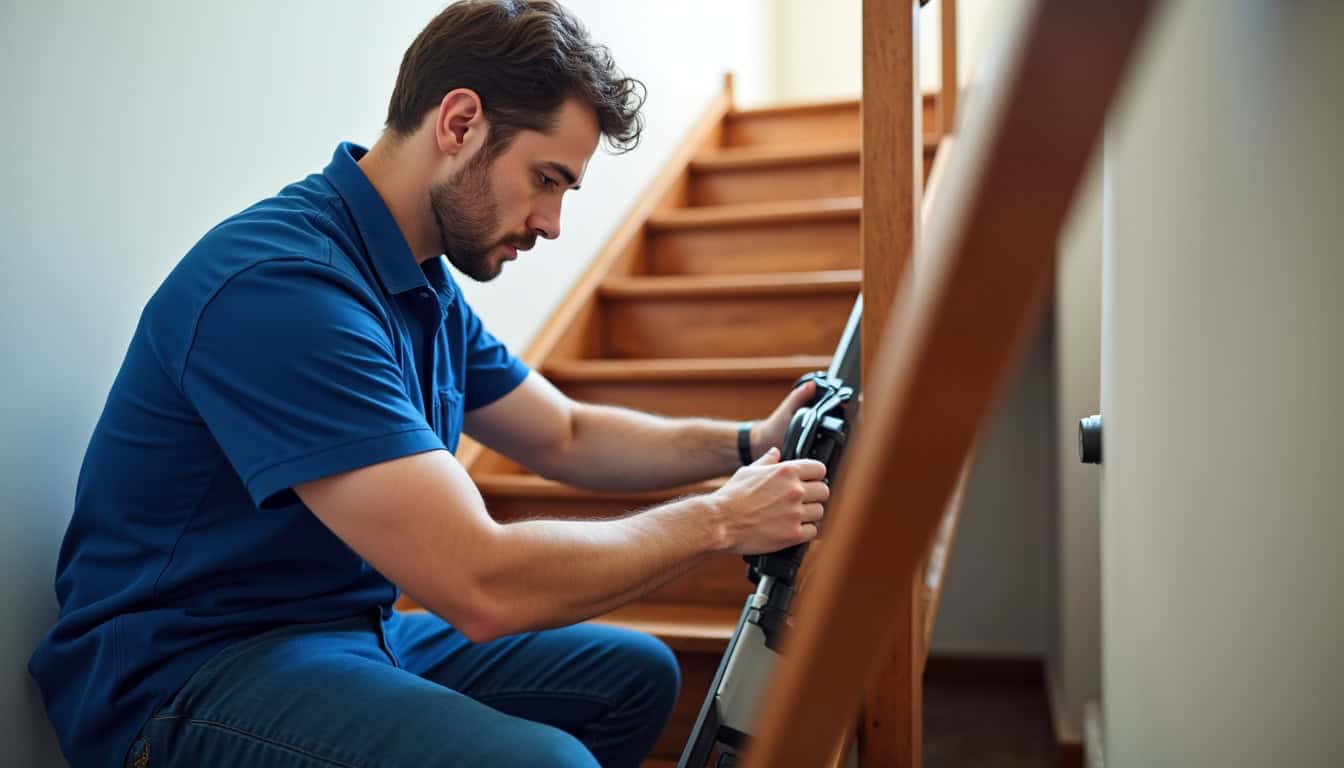 Technicien en train d’installer un monte-escalier à Saint-Pée-sur-Nivelle