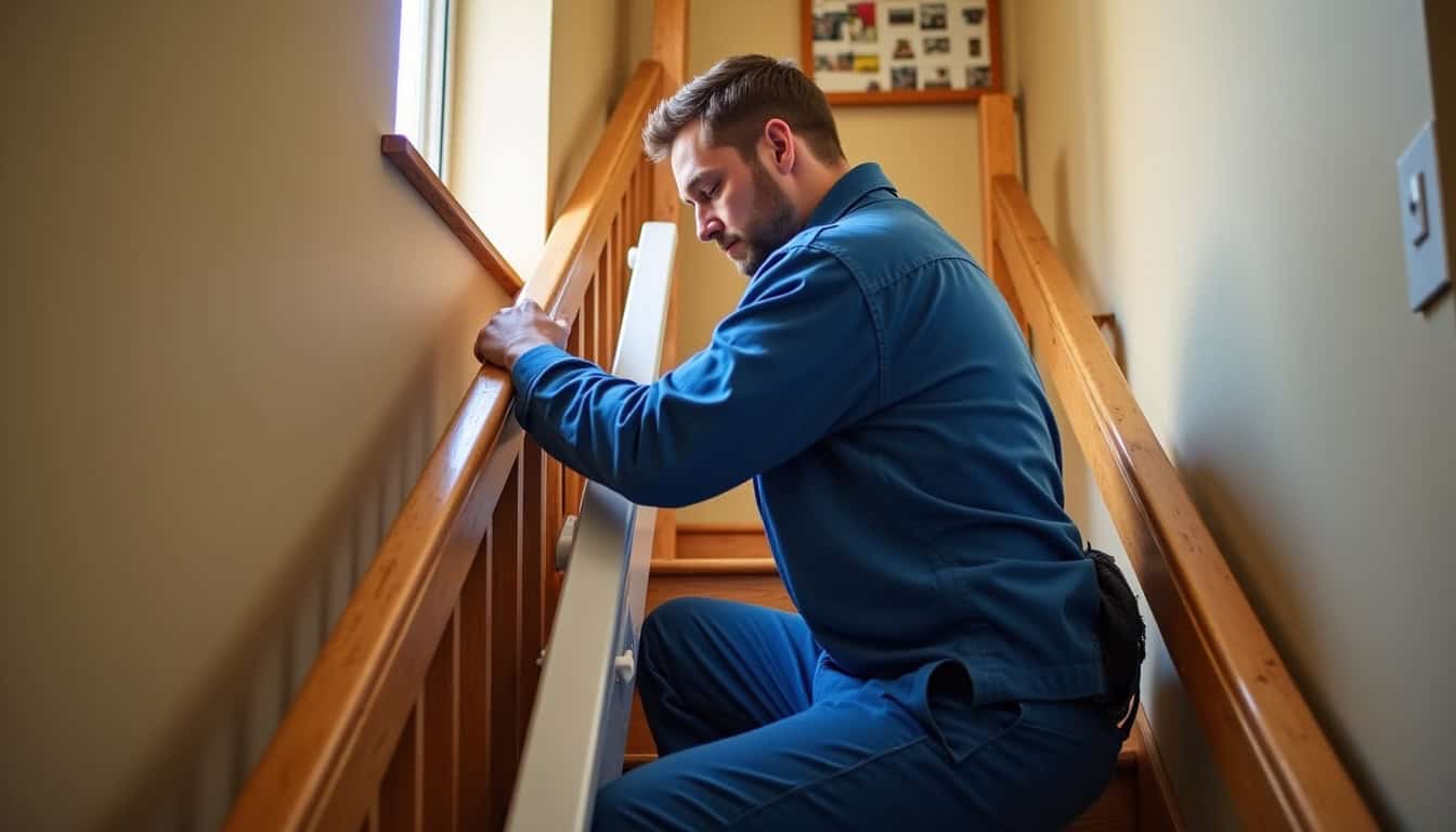 Technicien en train d’installer un monte-escalier à Saint-Thurial