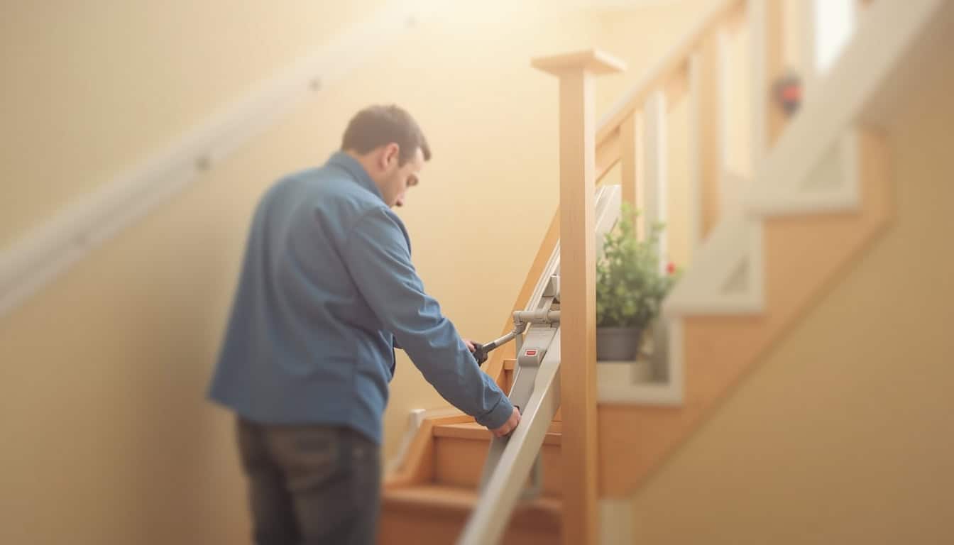 Technicien en train d’installer un monte-escalier à Serrières-de-Briord