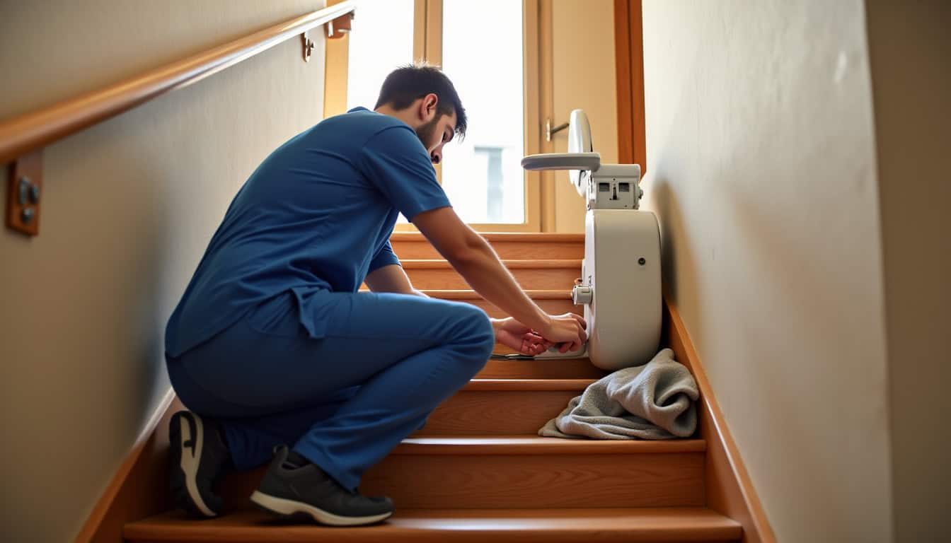 Technicien en train d’installer un monte-escalier à Voulangis