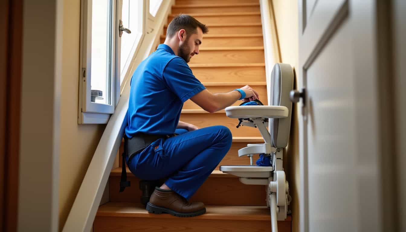 Technicien en train d’installer un monte-escalier chez un particulier