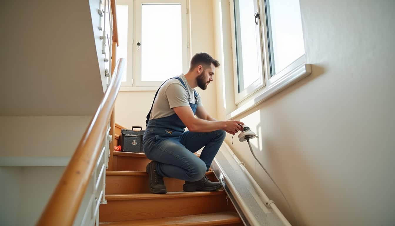 Technicien en train d’installer un monte-escalier chez un particulier
