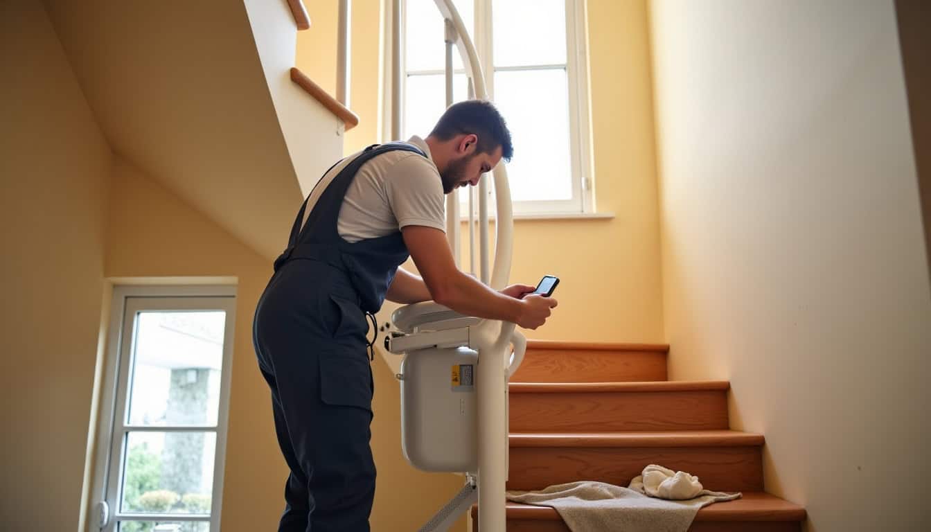 Technicien en train d’installer un monte-escalier courbe dans une maison à Cholet, Maine-et-Loire