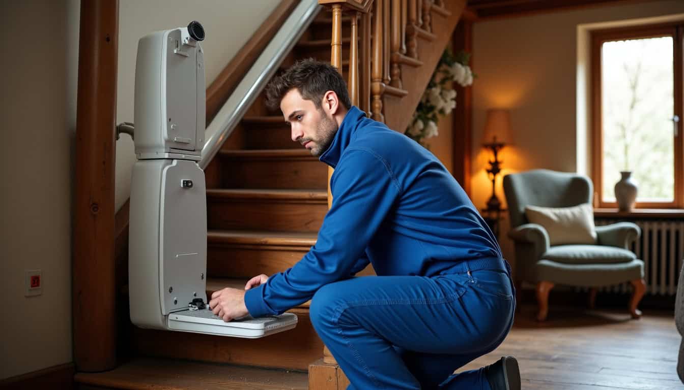 Technicien en train d’installer un monte-escalier dans le Doubs