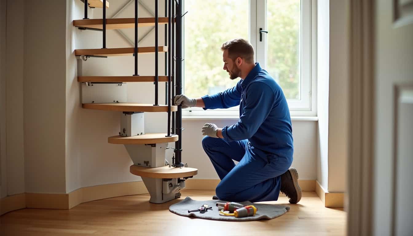 Technicien en train d’installer un monte-escalier dans un escalier tournant