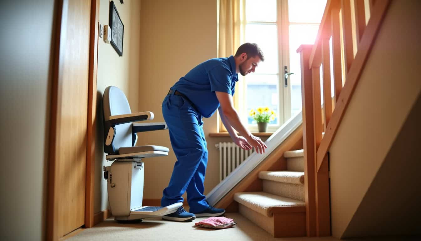 Technicien en train d’installer un monte-escalier dans un pavillon andrésien