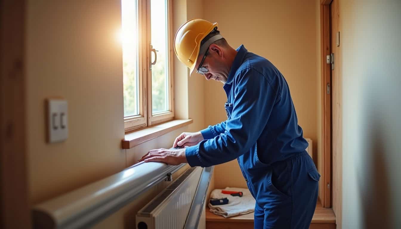 Technicien en train d’installer un monte-escalier dans une habitation à Cossé-le-Vivien
