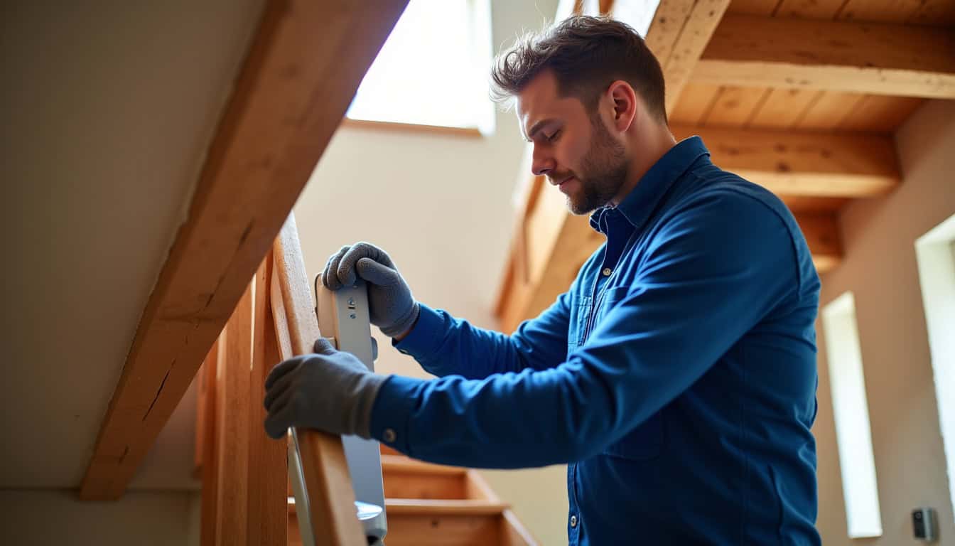Technicien en train d’installer un monte escalier dans une habitation du Bas-Rhin