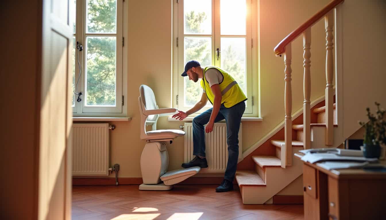 Technicien en train d’installer un monte-escalier dans une maison à Ajaccio