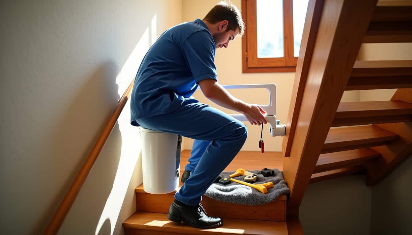Technicien en train d’installer un monte-escalier dans une maison à Apt