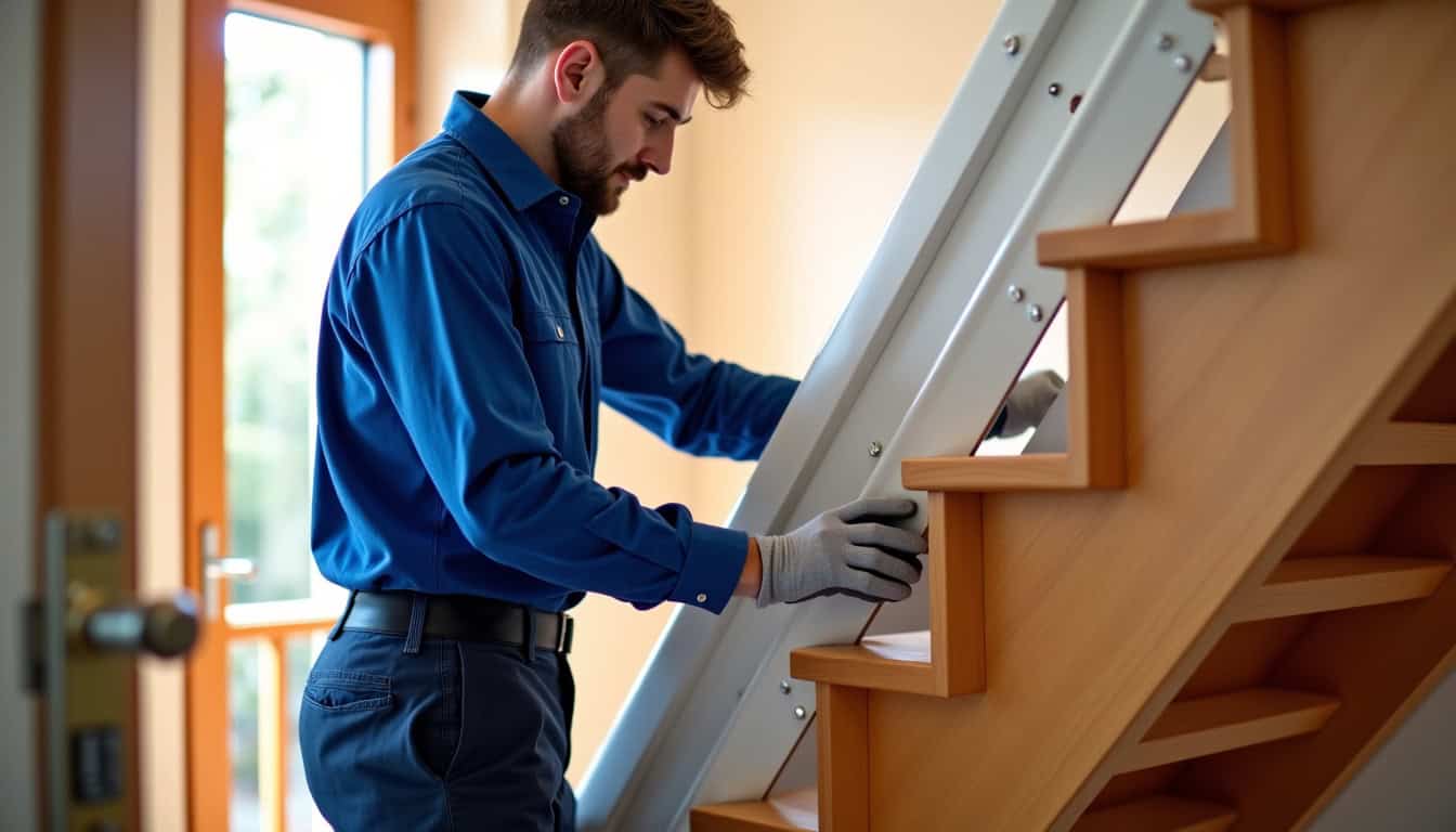 Technicien en train d’installer un monte-escalier dans une maison à Aubagne