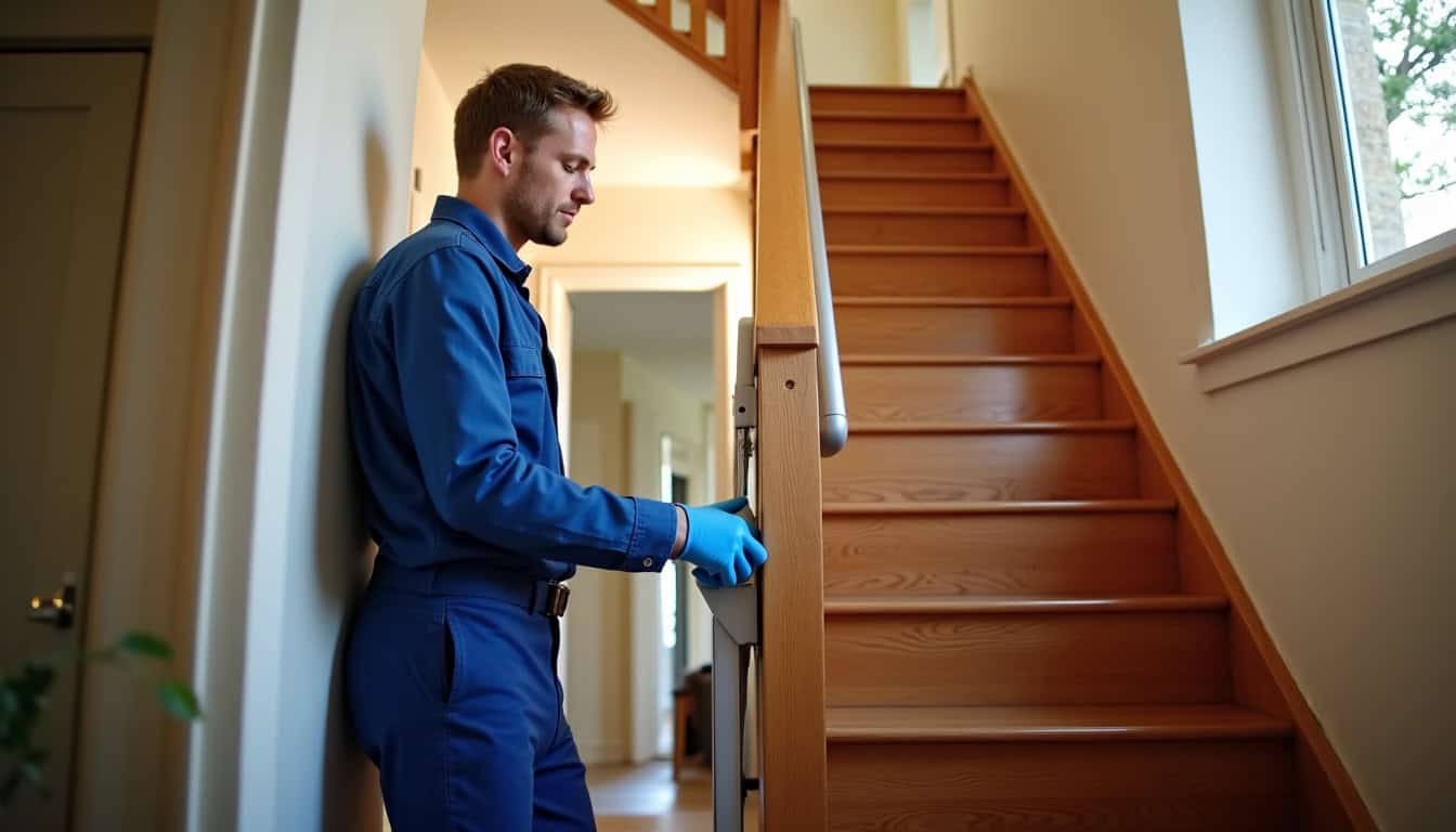 Technicien en train d’installer un monte-escalier dans une maison à Autun