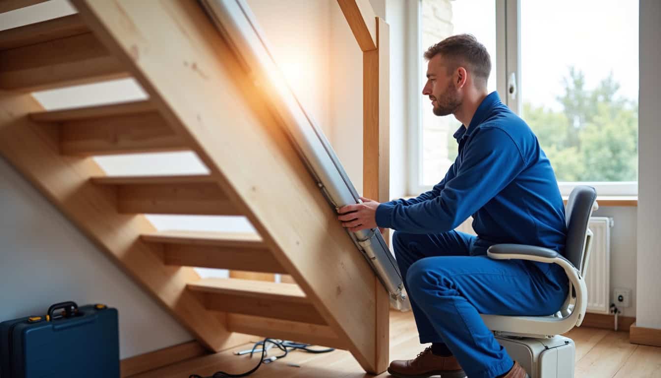 Technicien en train d’installer un monte-escalier dans une maison à Auxerre