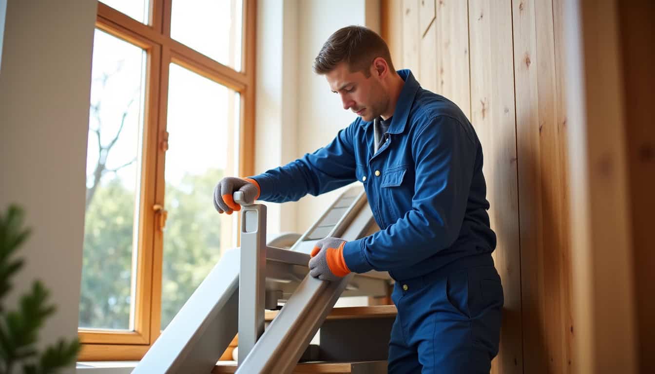 Technicien en train d’installer un monte-escalier dans une maison à Bailleval