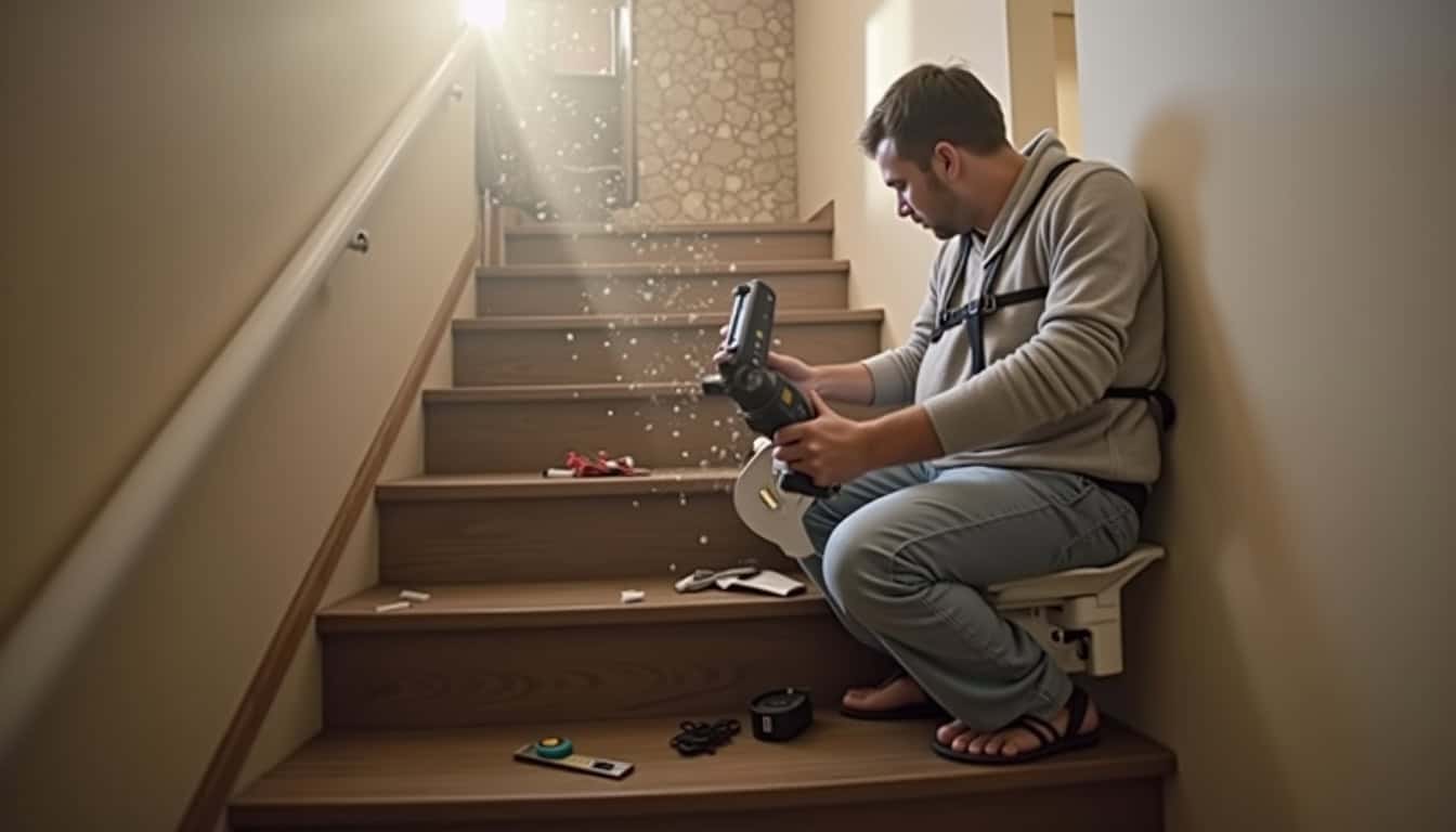 Technicien en train d’installer un monte-escalier dans une maison à Bais