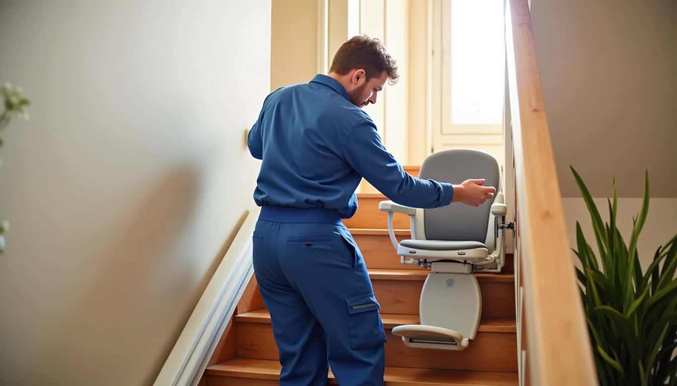 Technicien en train d’installer un monte-escalier dans une maison à Bourges