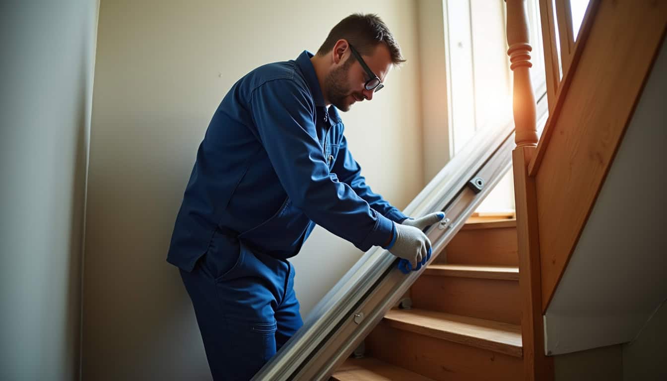 Technicien en train d’installer un monte-escalier dans une maison à Bucy-le-Long