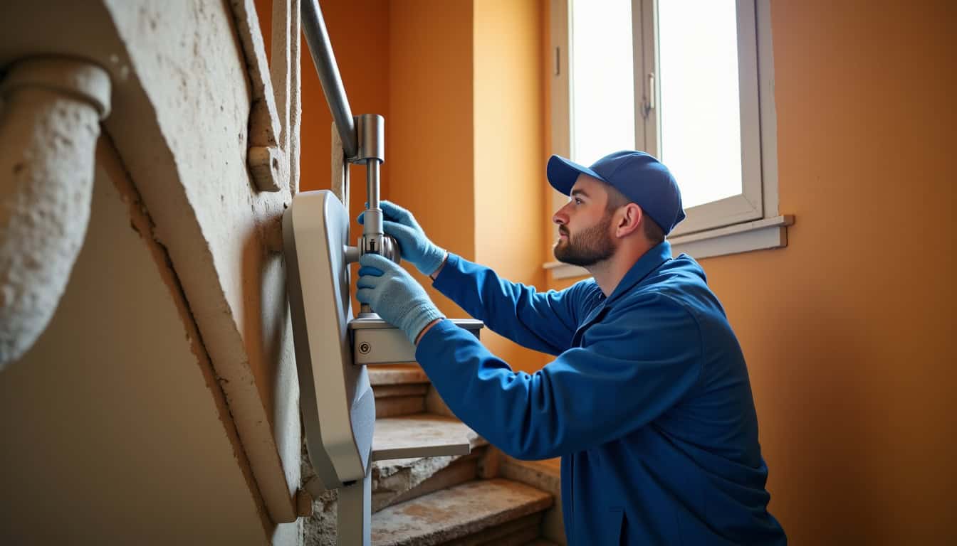 Technicien en train d’installer un monte-escalier dans une maison à Carcassonne