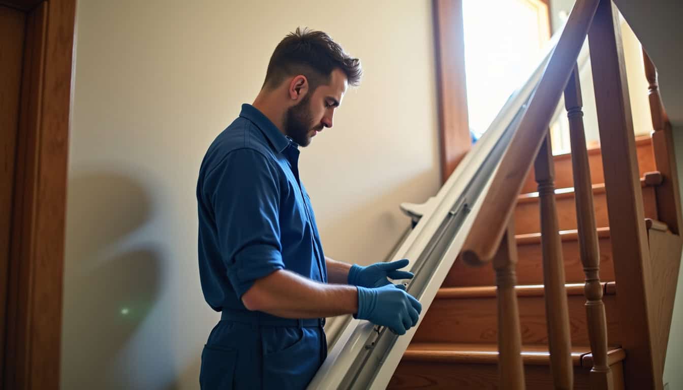 Technicien en train d’installer un monte-escalier dans une maison à Cauro