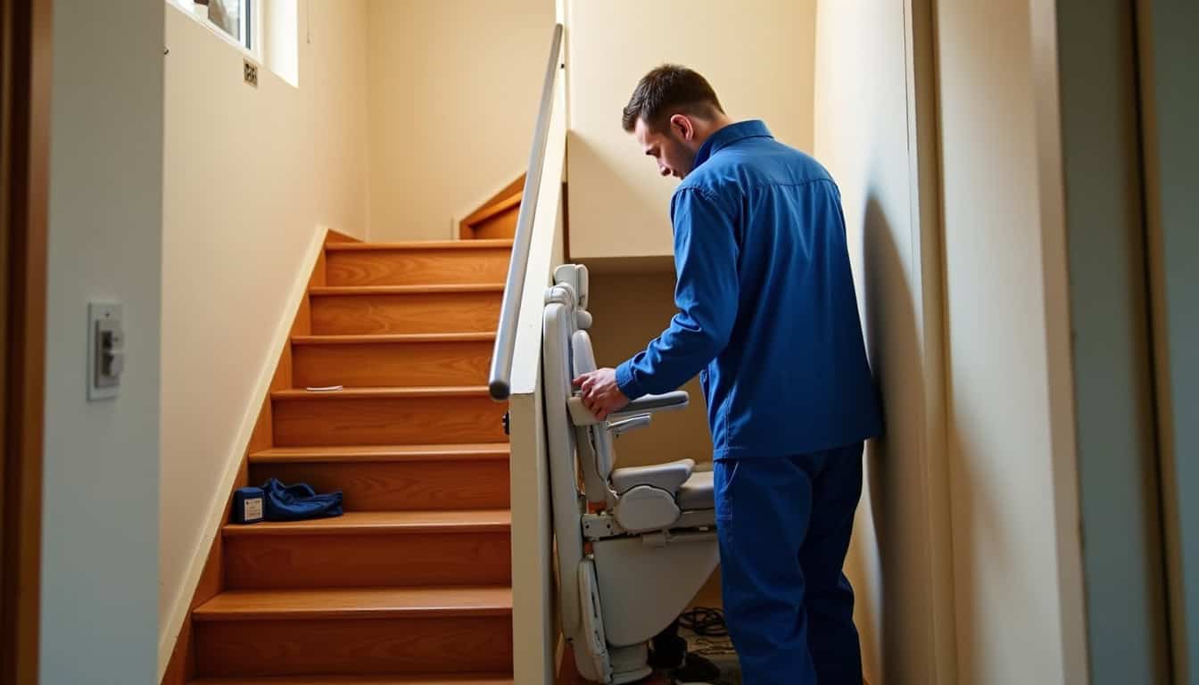 Technicien en train d’installer un monte-escalier dans une maison à Chailly-en-Bière