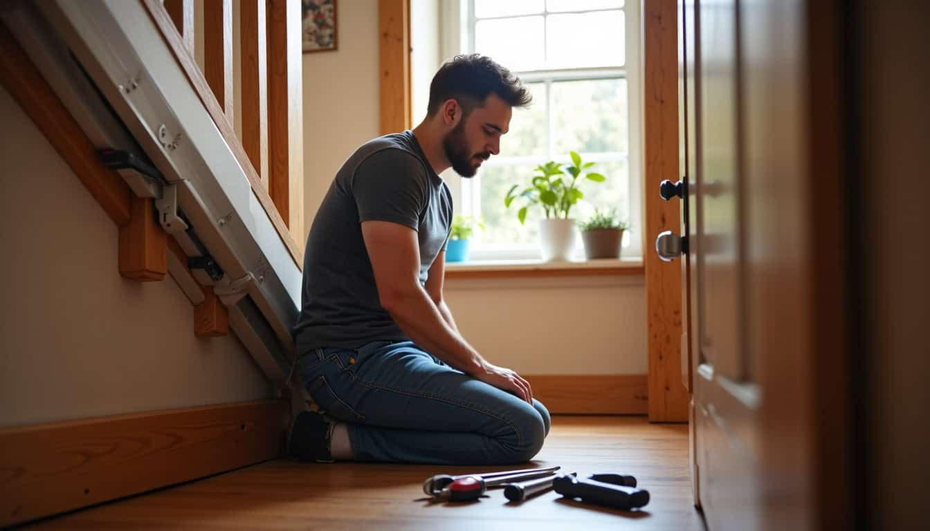 Technicien en train d’installer un monte-escalier dans une maison à Chiché