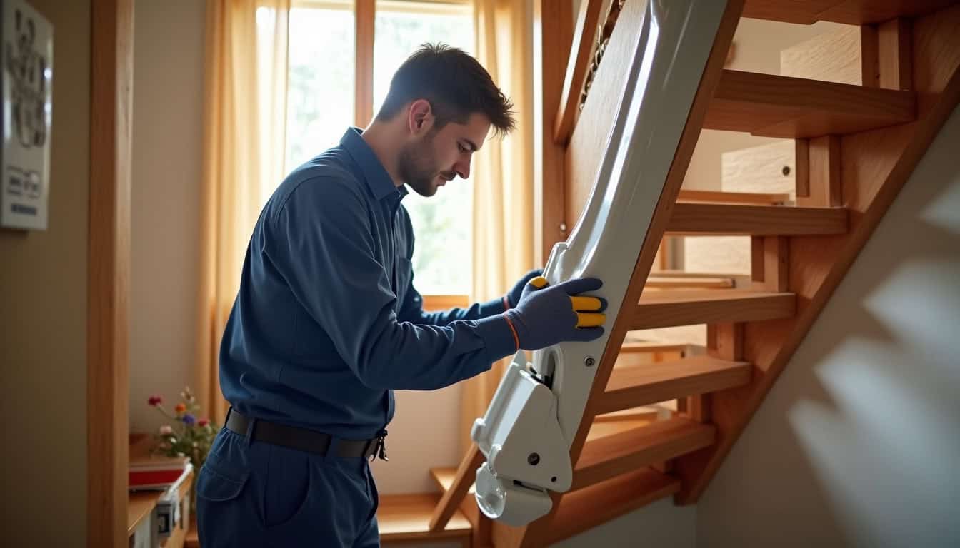 Technicien en train d’installer un monte-escalier dans une maison à Corpe