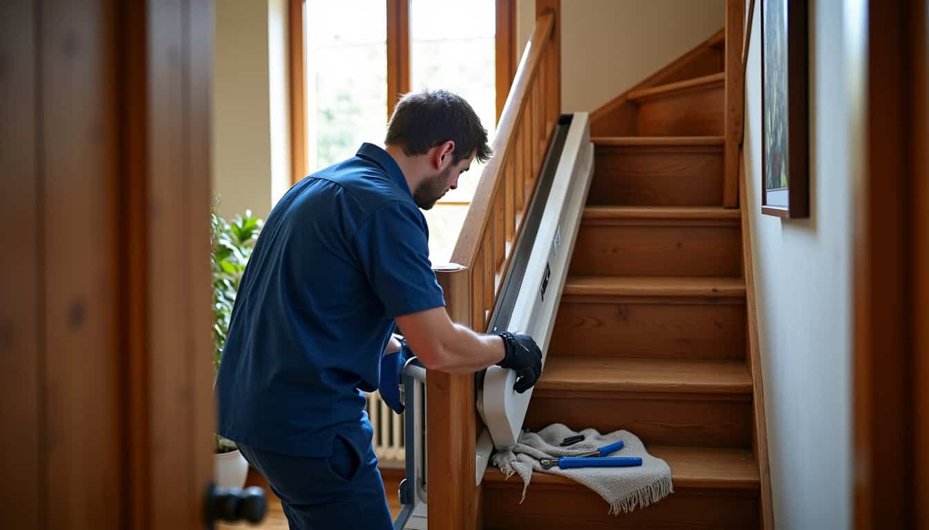 Technicien en train d’installer un monte-escalier dans une maison à Elbeuf