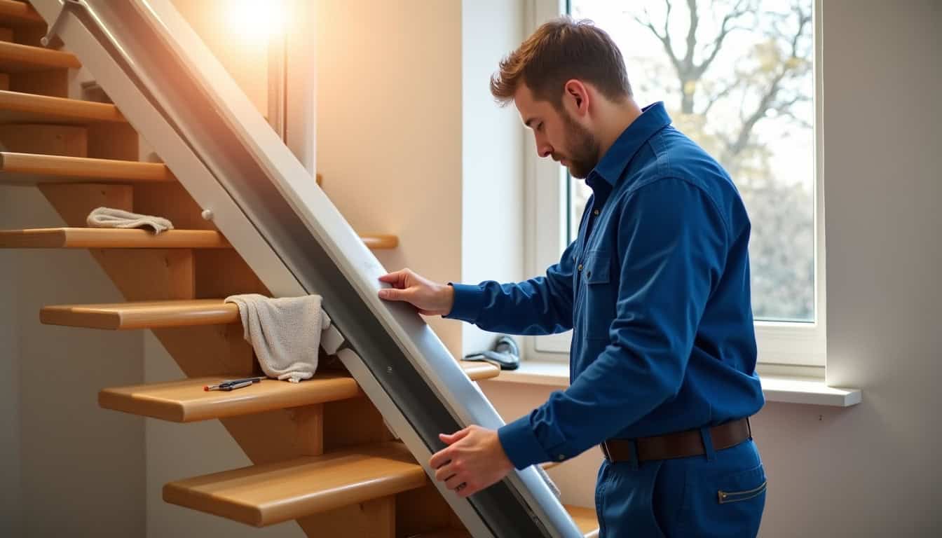 Technicien en train d’installer un monte-escalier dans une maison à Elne