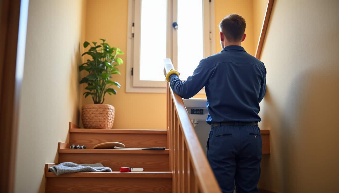 Technicien en train d’installer un monte-escalier dans une maison à Fréjus