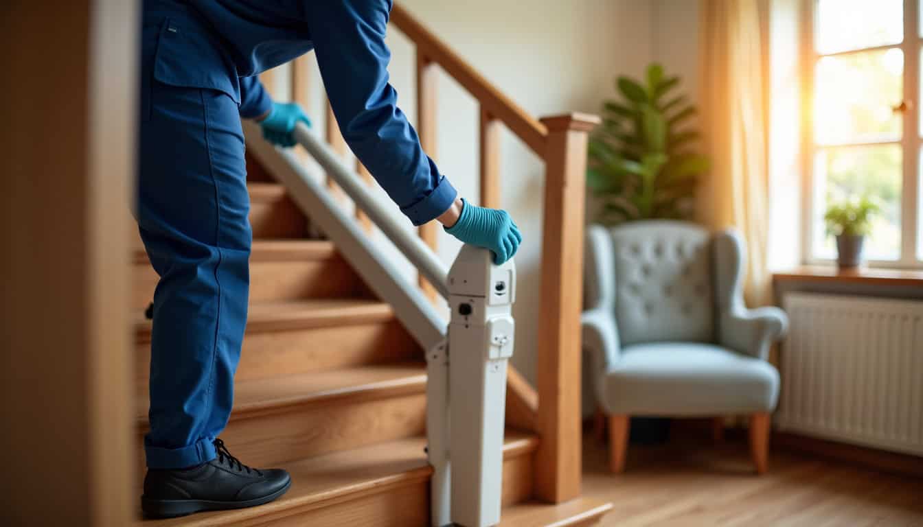 Technicien en train d’installer un monte-escalier dans une maison à Froidfond